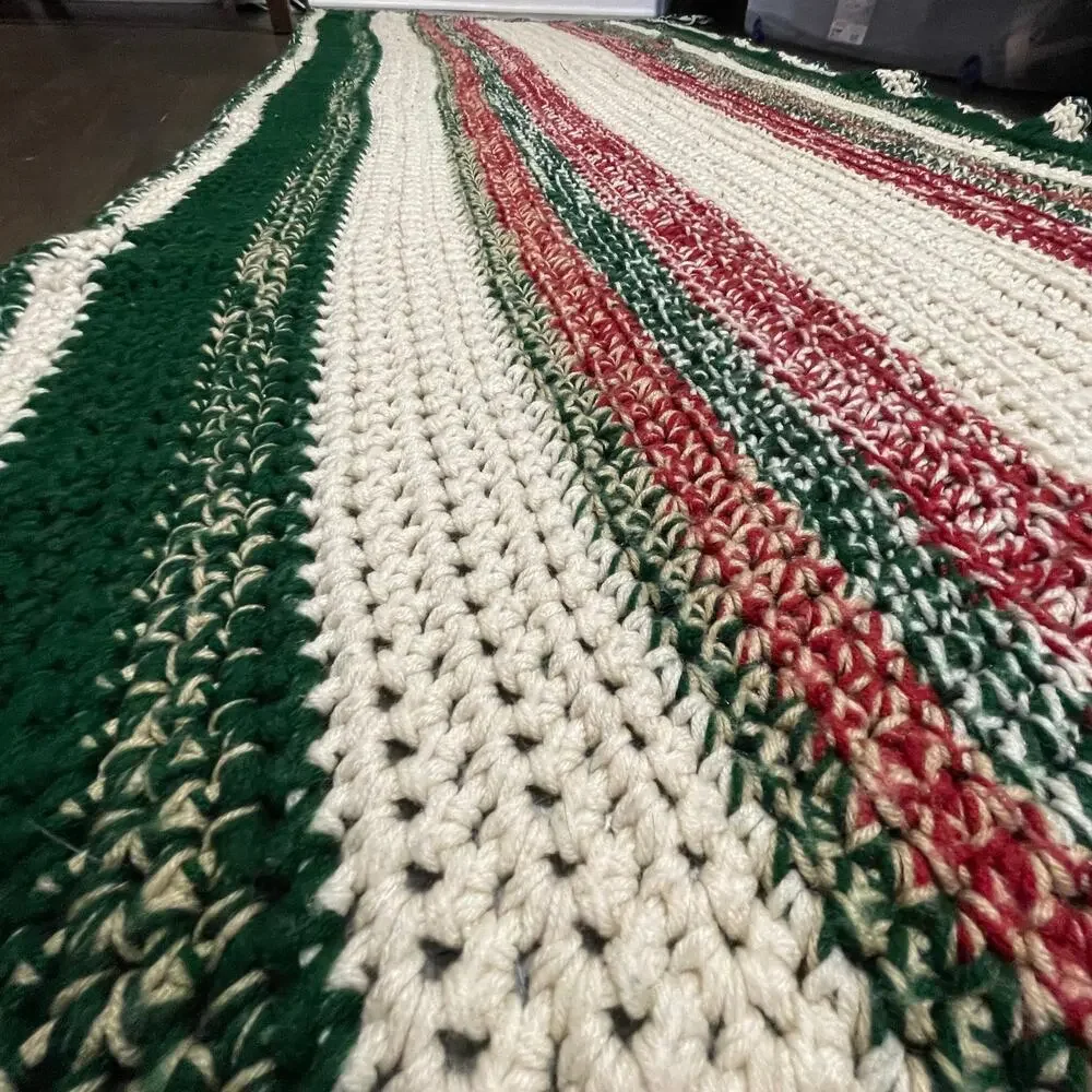 Vintage Crochet Handmade Red Green White Vertical Striped Granny Afghan Throw